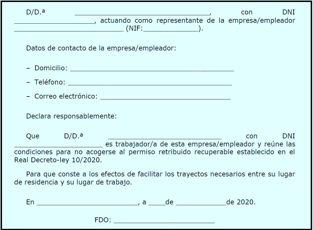 Modelo de declaración responsable para los que tienen que acudir al trabajo